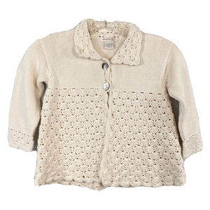 2H Knits Cardigan Girls Sz 4 Ivory Cotton Knit Crochet Collared Button